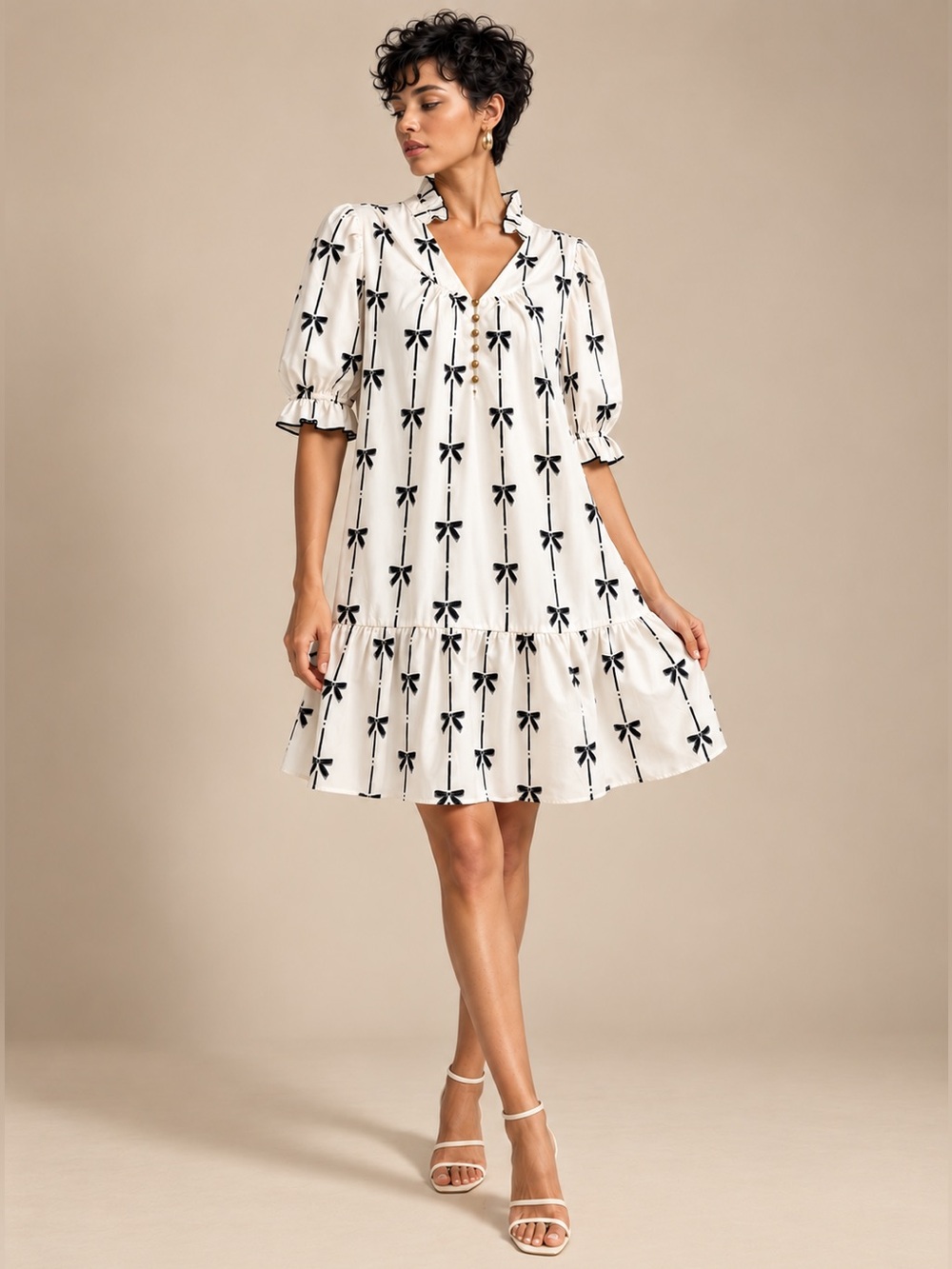 Boutique Coquette Bow Print Babydoll Mini Dress Puff Sleeve Cream Beige S